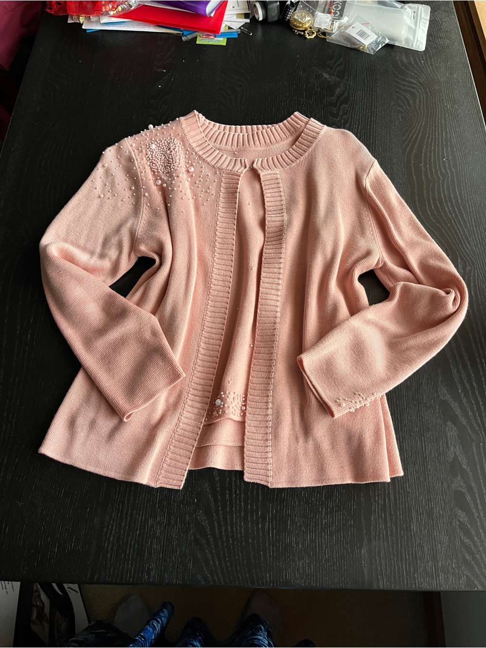 Pink Pearl-Embellished Open Front Cardigan Sweater